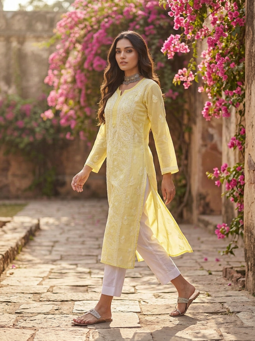 KC Gulzar Yellow Chikankari Kurta